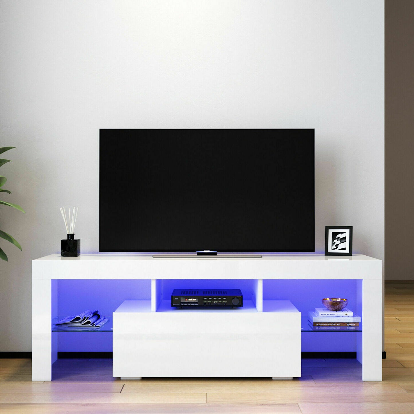 TV Cabinet Entertainment Unit Stand RGB LED Gloss Light Wood Storage Stand