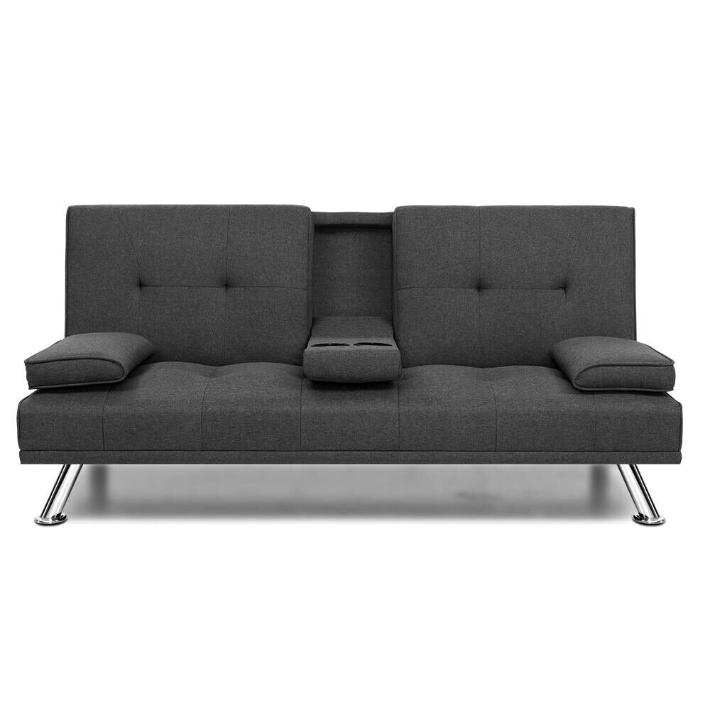 Artiss Sofa Bed Lounge Futon Couch Beds 3 Seater Fabric Cup Holder Dark Grey