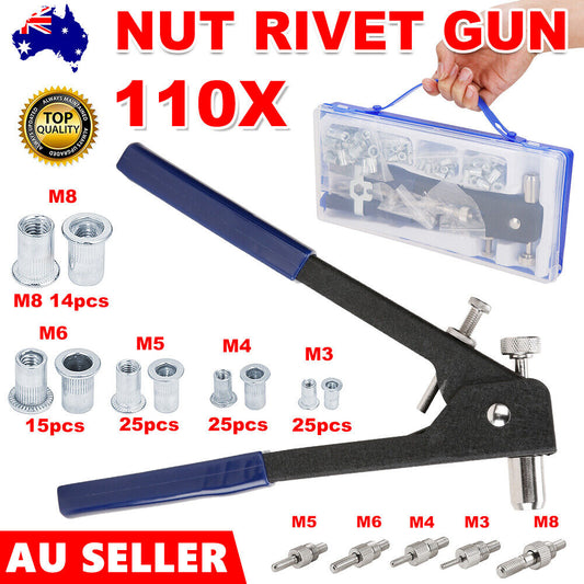 110pcs Rivet Nut Setting System Tool Kit Insert Gun Wrench Thread Mandrels M3-M8