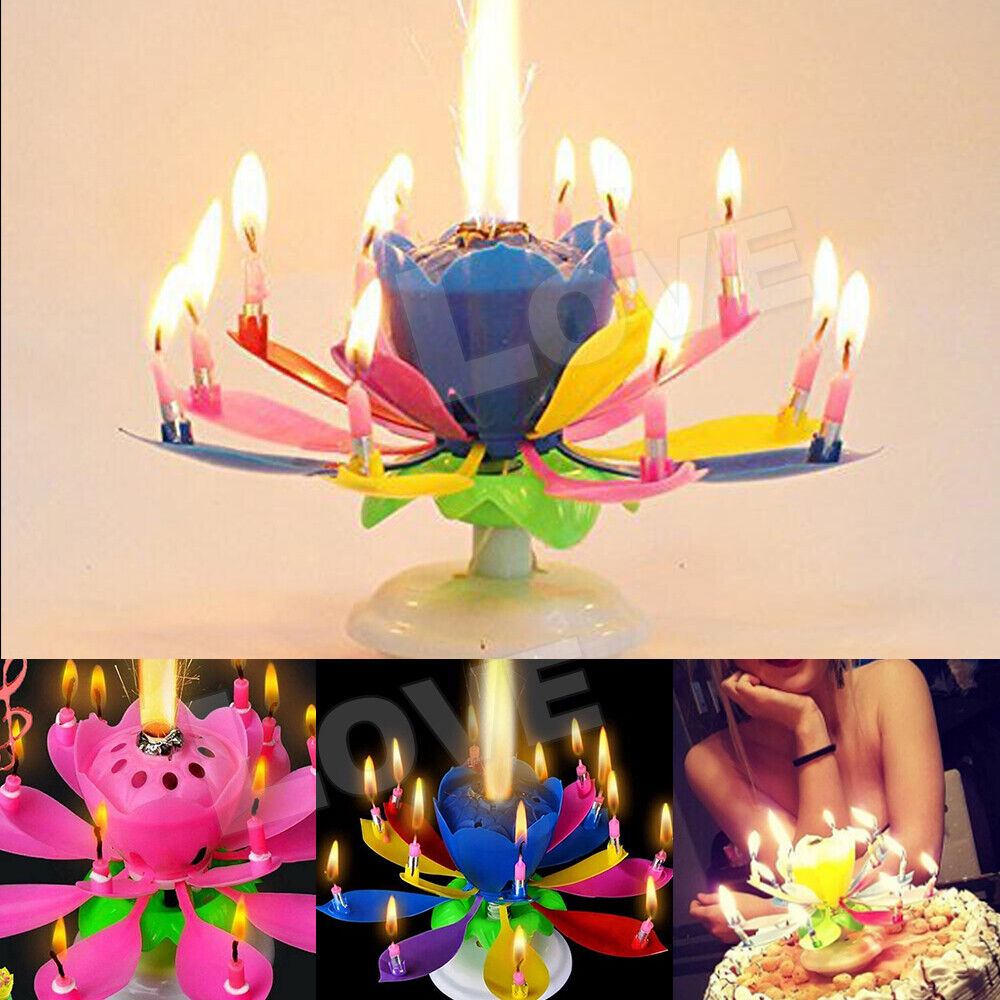 Blossom Lotus Flower Double-deck Rotating Music Birthday Candle Magic Party Cake