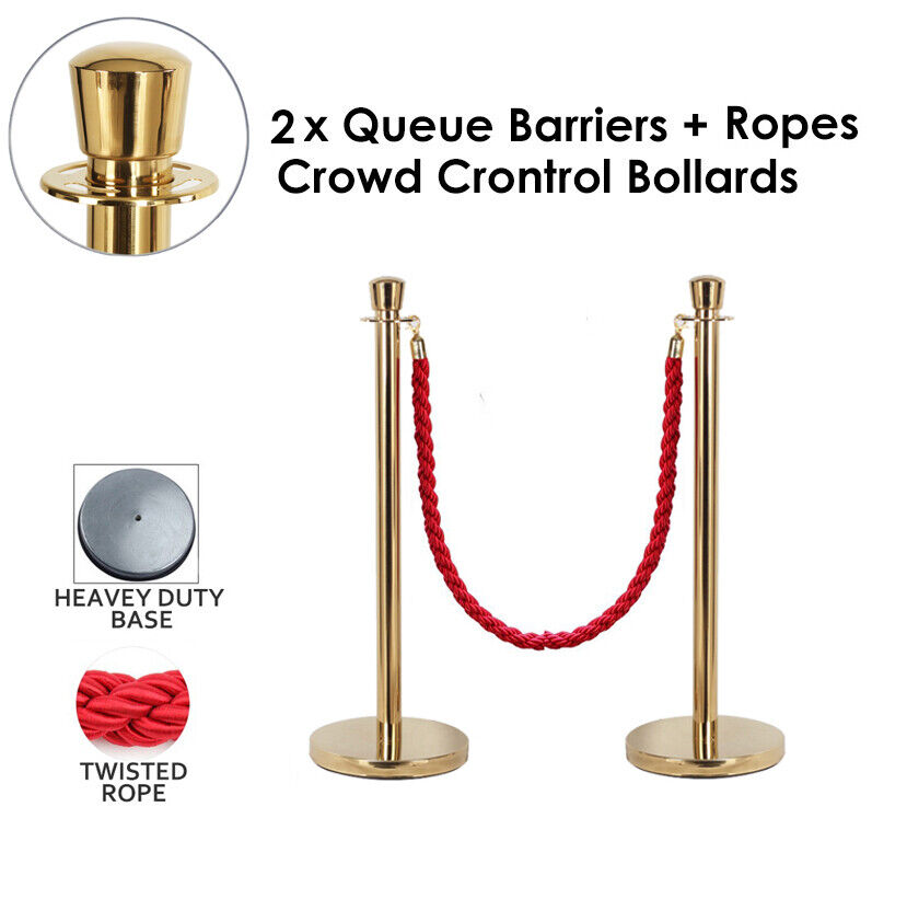 2x Queue Barriers + 1 Ropes Crowd Control Bollards(Golden POLE+RED ROPE)