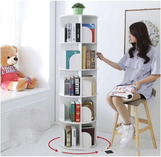 159cm Round Swivel Rotating Display Storage Bookshelf Bookcase White 5 Tiers