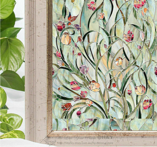 Flower Blossom Window Film Print Sticker Cling Stained Glass UV Block Gift Decor