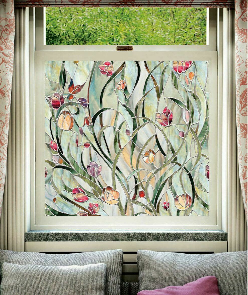 Flower Blossom Window Film Print Sticker Cling Stained Glass UV Block Gift Decor